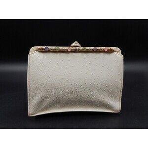 Kadin Ostrich Leather White Clutch Purse Gold Tone Metal Clasp Back Handle